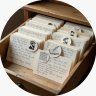 Round crop of handwritten catalogue cards in a wooden drawer