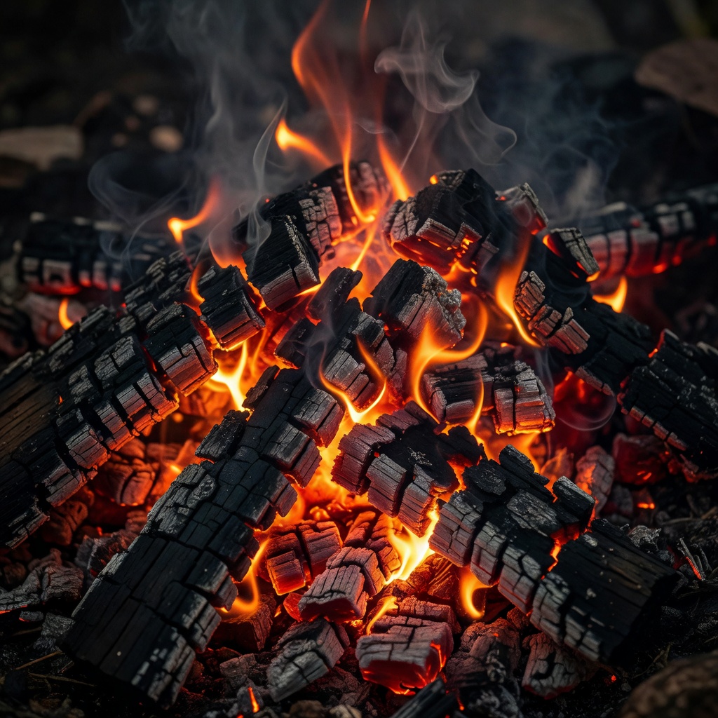 Close-up of glowing campfire embers and charred wood
