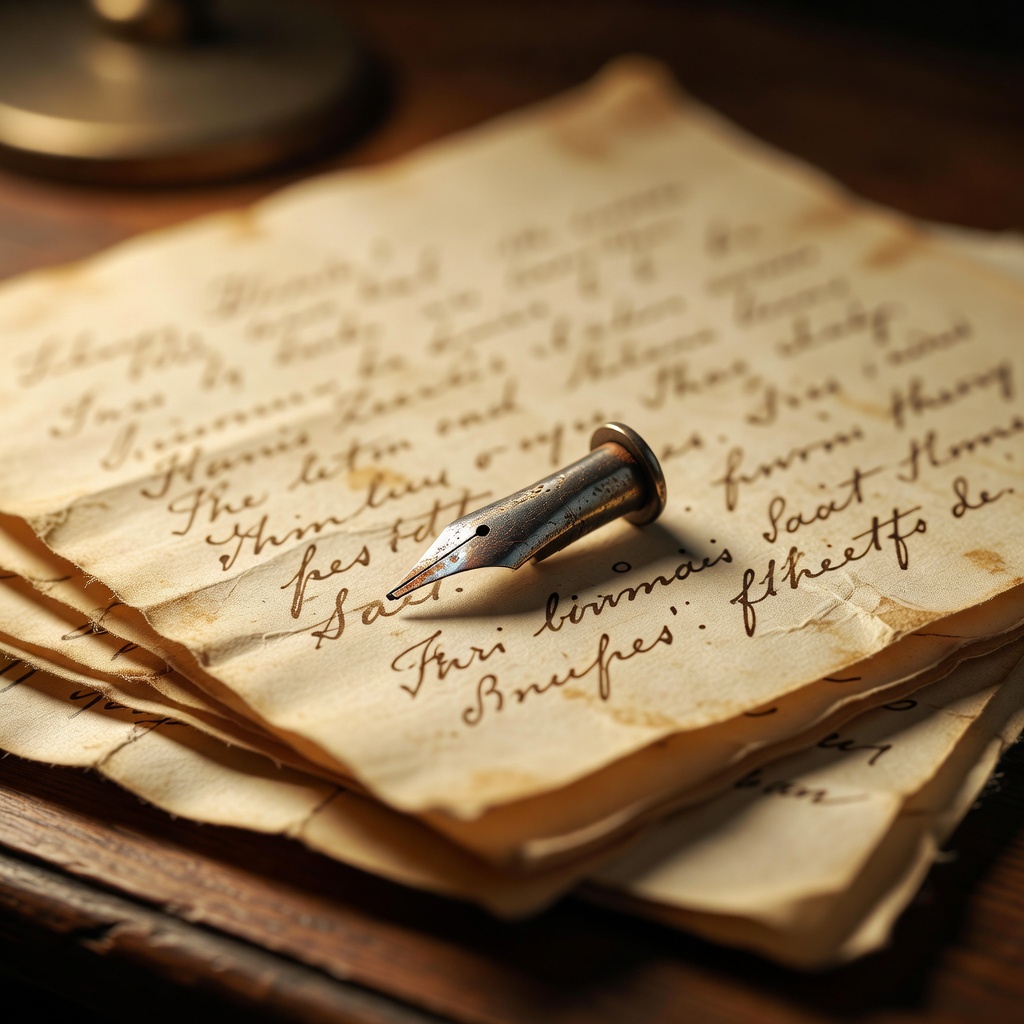 Close-up of a dip pen nib resting on yellowed handwritten letters