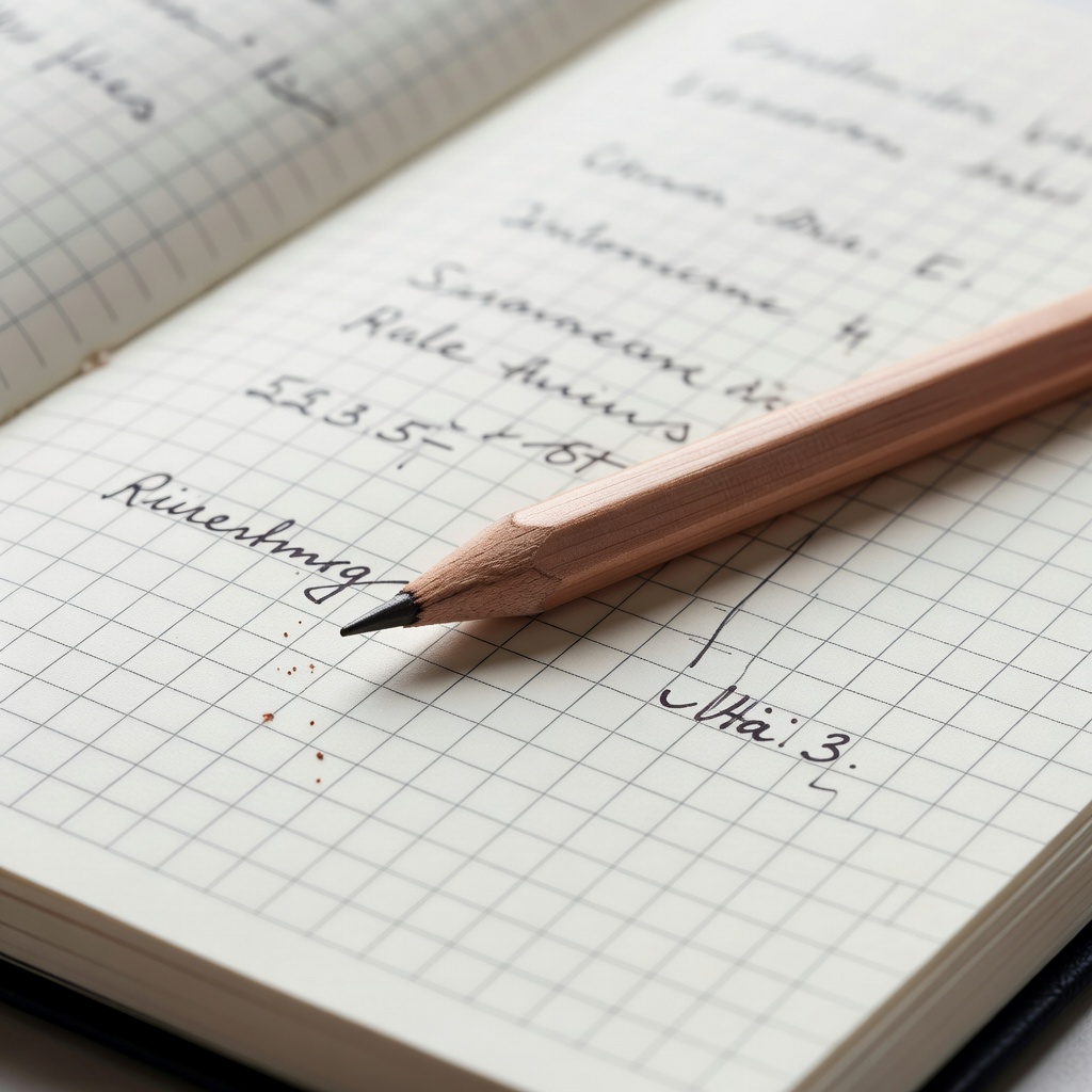 Sharpened pencil lying across a gridded notebook page with dated entries