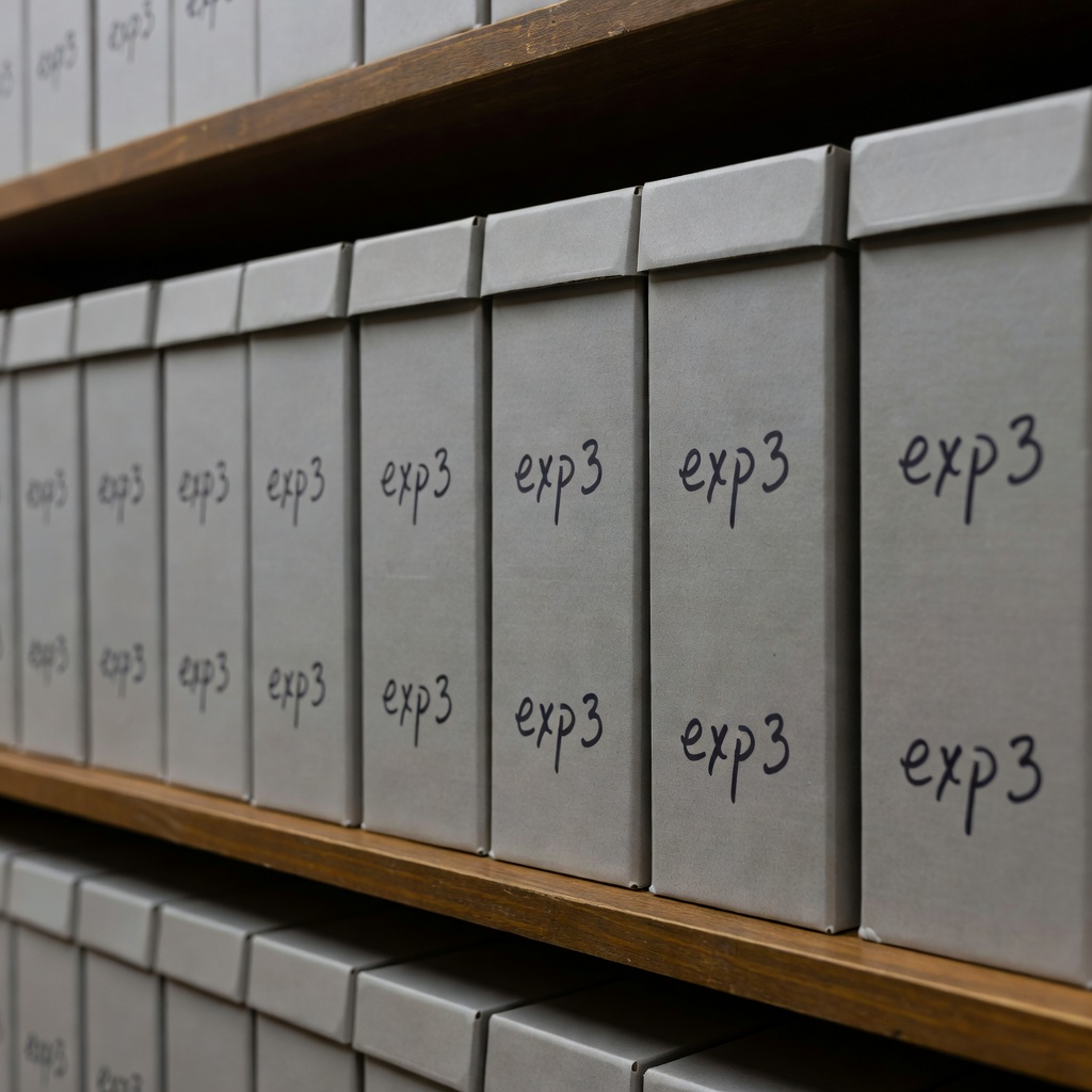 Grey archive boxes with handwritten catalogue labels on a wooden shelf