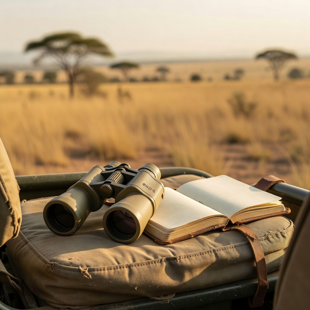 Binoculars and an open notebook on a canvas seat, savanna blurred behind