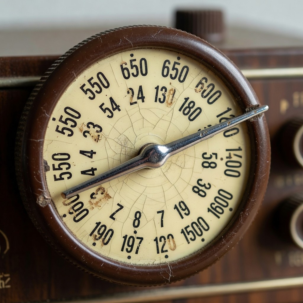 Close-up of a vintage radio tuning dial with worn numerals