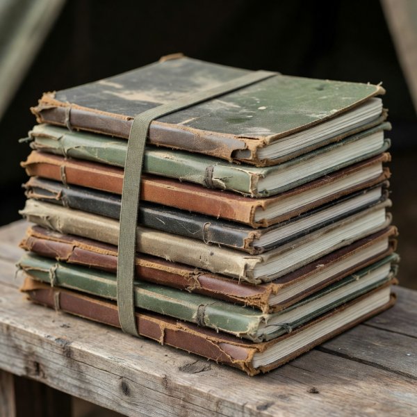 Stack of well-used field notebooks bound with an elastic strap, close-up of worn corners